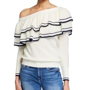 FRAME ONE SHOULDER WOOL RUFFLE SWEATER STRIPE Size Large Preppy Ivory Blue